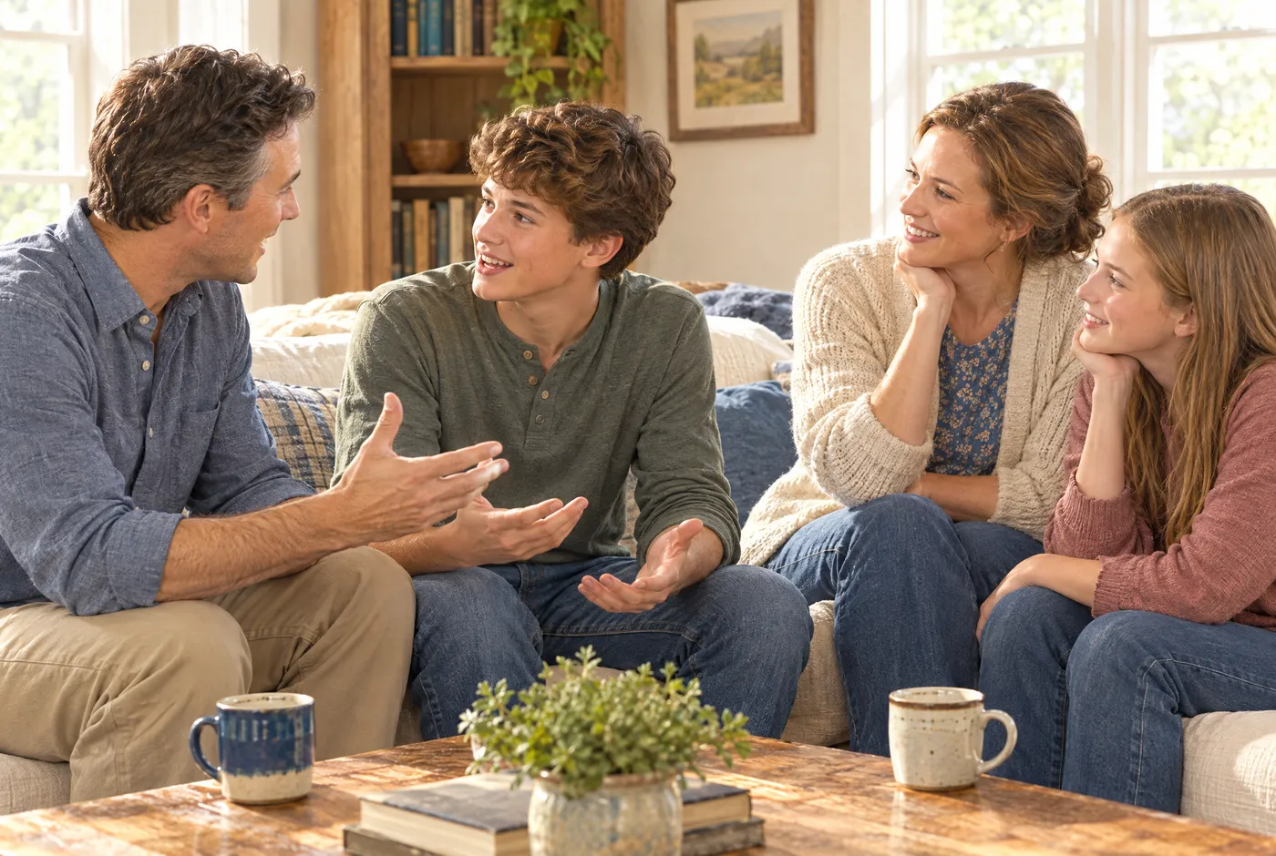 A family talking together in their sunny living room, a teenage son explaining his idea