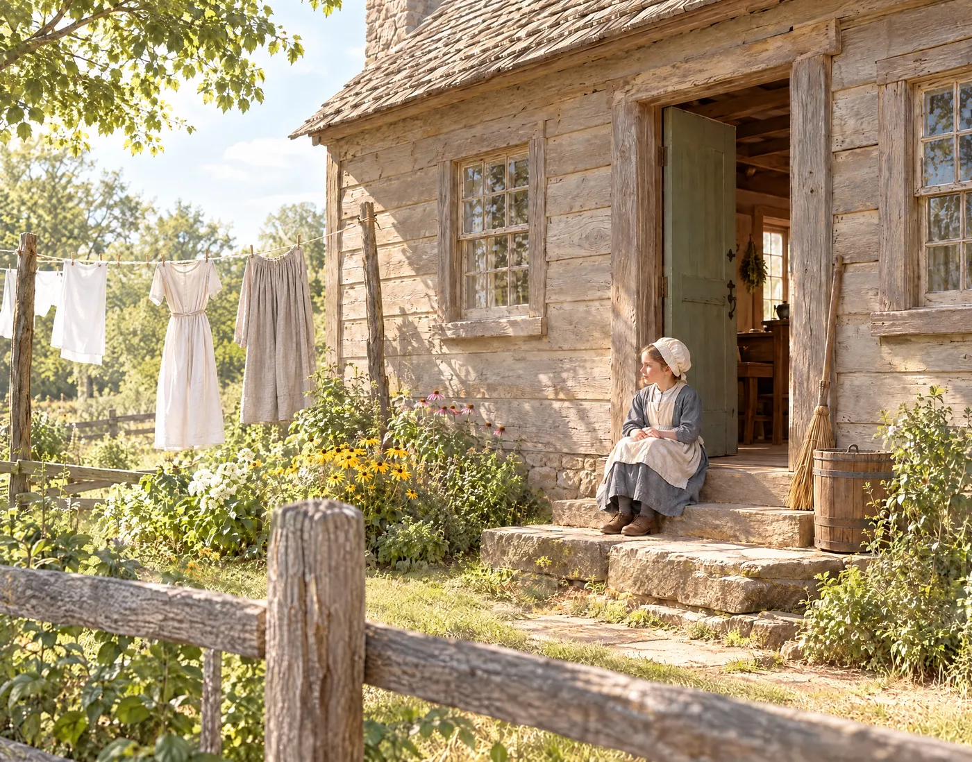 A colonial farmstead in summer, a mother on the doorstep and laundry on the line