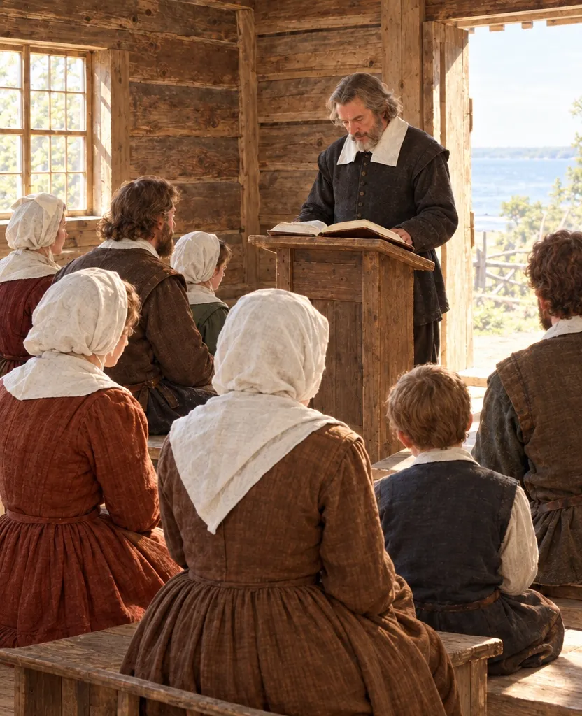 Early settlers listening to a preacher in a simple log meeting house