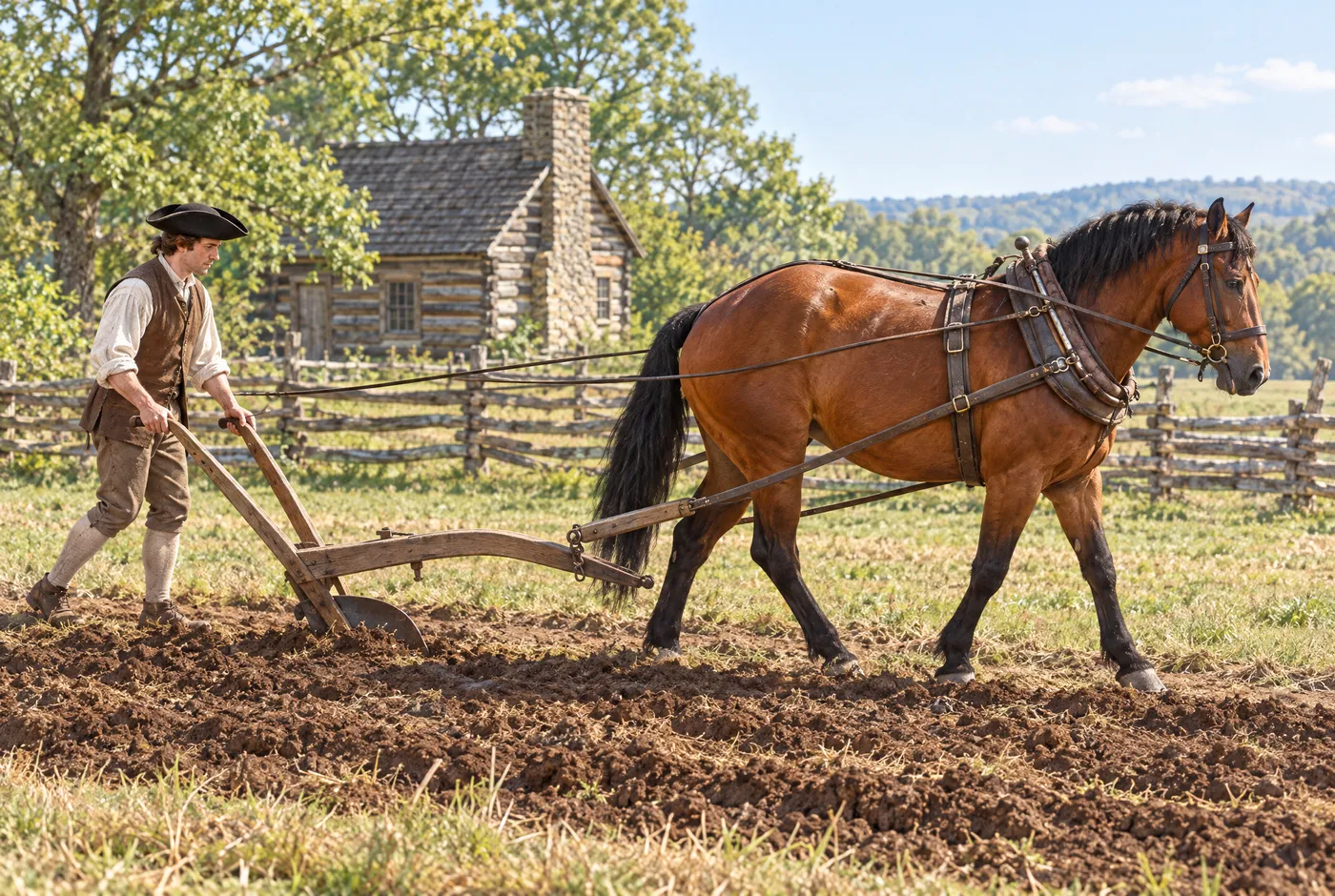 A farmer ploughing his field behind a chestnut draft horse