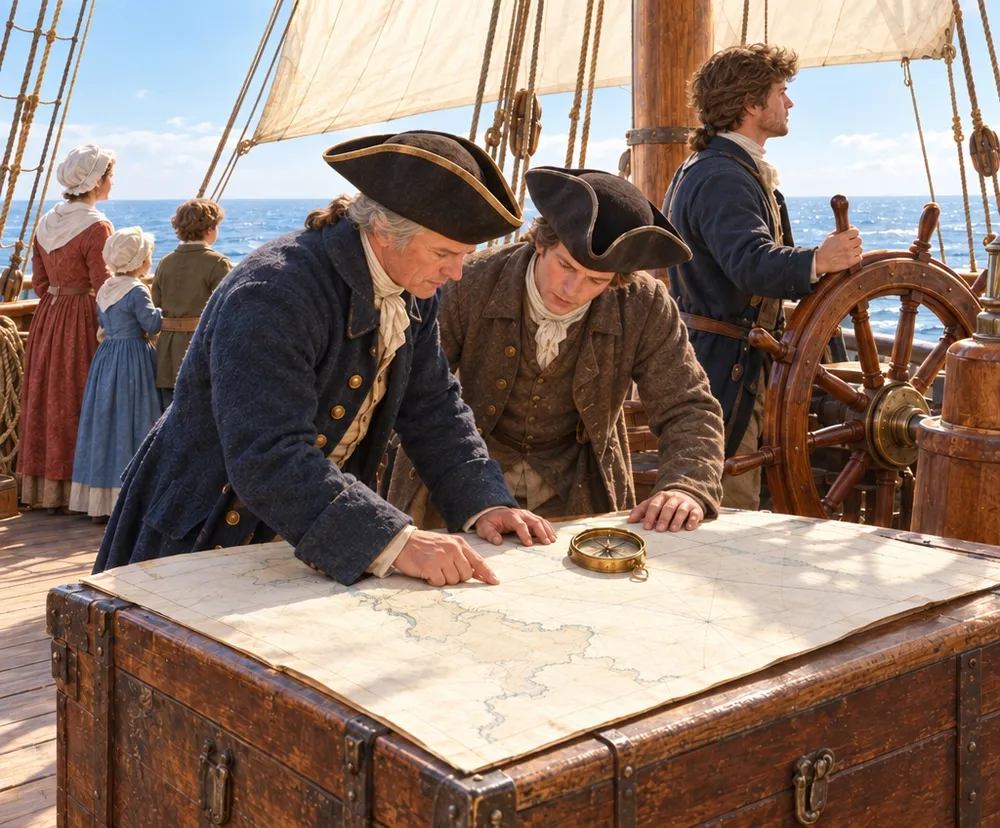 A ship’s captain and crew studying a chart on deck
