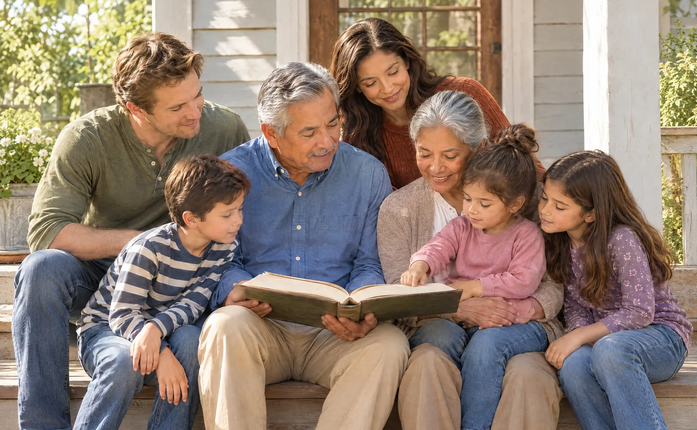 Grandparents, parents and children gathered around a book on the sofa