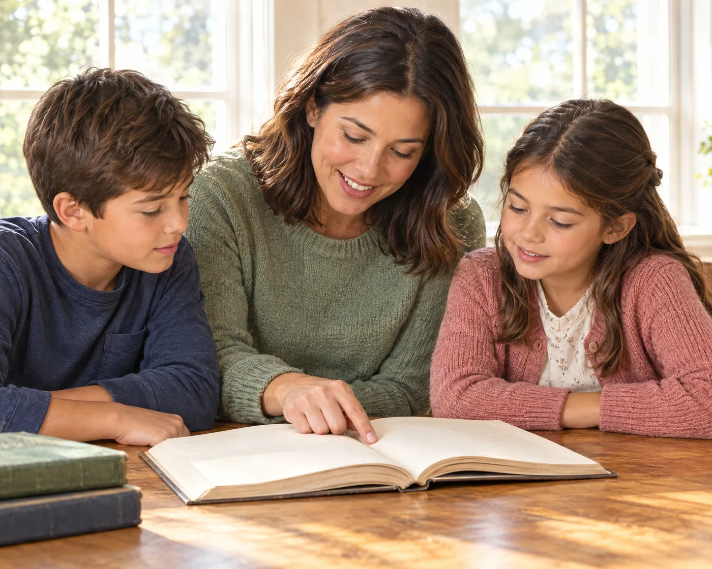 A mother teaching her son and daughter at the kitchen table, pointing to a page in an open book